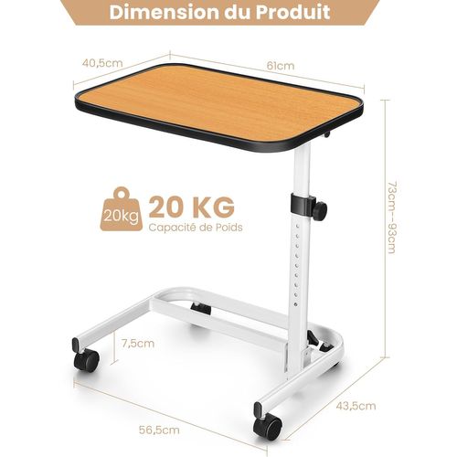 Table De Lit Avec Roulettes Verrouillables, Table Roulante Pour Lit Réglable En Hauteur, Charge 20kg