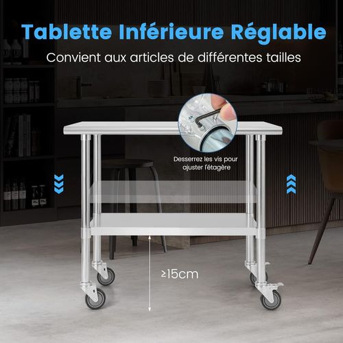 Table De Travail Cuisine 61 X 92 Cm, En Acier Inoxydable à 2 Niveaux 2 Roues Verrouillables