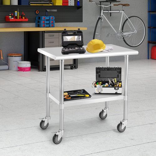 Table De Travail Cuisine 61 X 92 Cm, En Acier Inoxydable à 2 Niveaux 2 Roues Verrouillables
