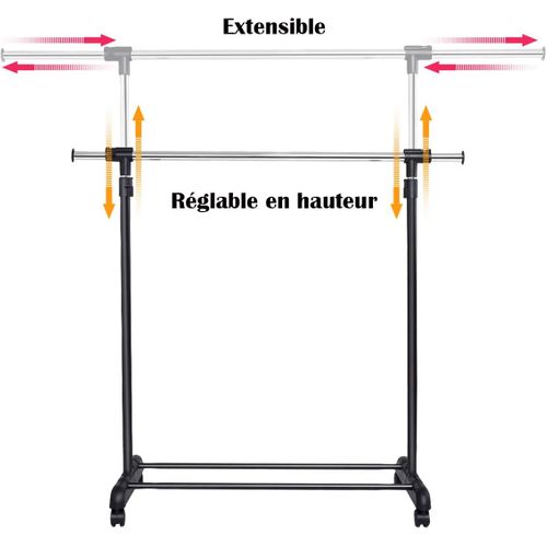 Portant à Vêtements Mobile Télescopique En Acier Chromé Hauteur 140 X 42 X 170 Cm
