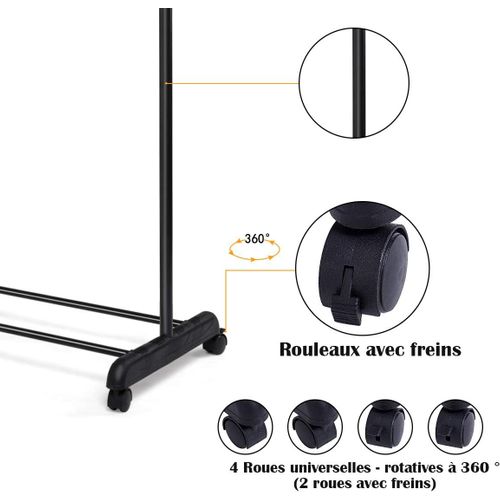 Portant à Vêtements Mobile Télescopique En Acier Chromé Hauteur 140 X 42 X 170 Cm