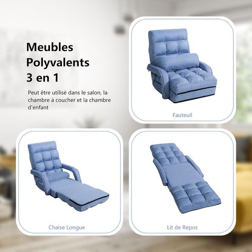 Fauteuil Convertible 1 Place Avec Oreiller, 5 Positions Disponibles (bleu)