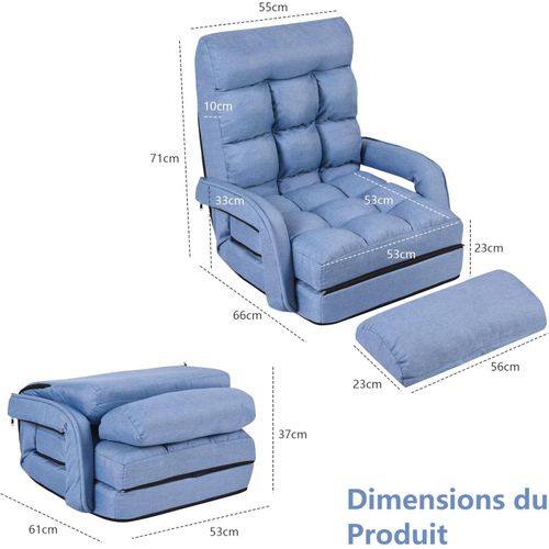 Fauteuil Convertible 1 Place Avec Oreiller, 5 Positions Disponibles (bleu)