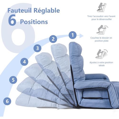 Fauteuil Convertible 1 Place Avec Oreiller, 5 Positions Disponibles (bleu)