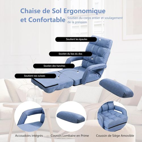 Fauteuil Convertible 1 Place Avec Oreiller, 5 Positions Disponibles (bleu)