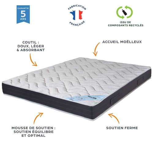 Matelas + Sommier Tapissier 140x190 Mousse - Melior - Soutien Ferme - Blanc