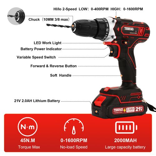 Perceuse Visseuse Sans Fil 21v Pour Batterie Makita 2x2.0ah Batteries,45 Nm Visseuse Devisseuse