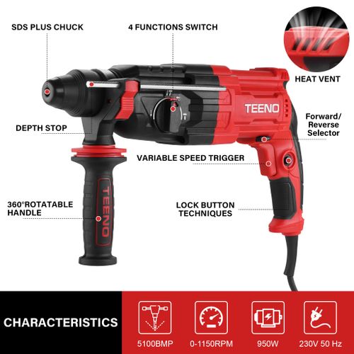 Perceuse à Percussion Filaire Sds Plus De 950 W, Vitesse De Rotation 0-1150 Tr/min/fréquence De