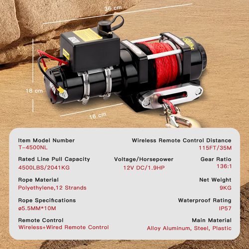 Treuil Électrique 12v, Câble De Treuil 4500lb/2041kg, Câble En Nylon