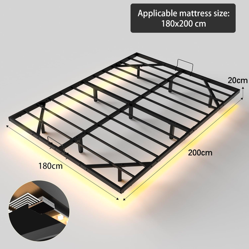 Cadre De Lit LED En Métal 180x200 Cm, Hauteur 20 Cm, Cadre Flottant, Pieds Dissimulés, Noir