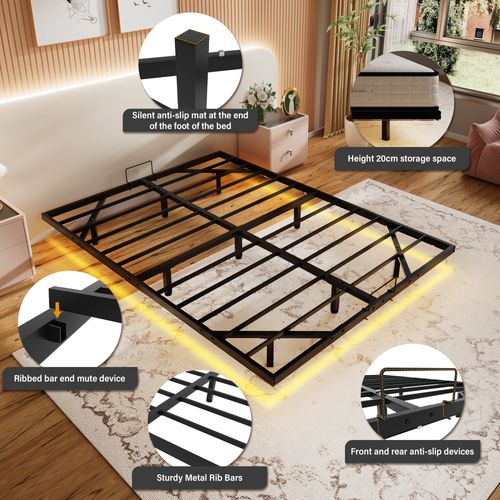 Cadre De Lit LED En Métal 180x200 Cm, Hauteur 20 Cm, Cadre Flottant, Pieds Dissimulés, Noir
