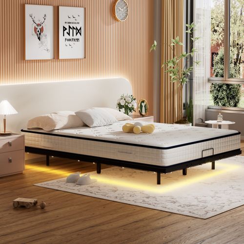 Cadre De Lit LED En Métal 180x200 Cm, Hauteur 20 Cm, Cadre Flottant, Pieds Dissimulés, Noir