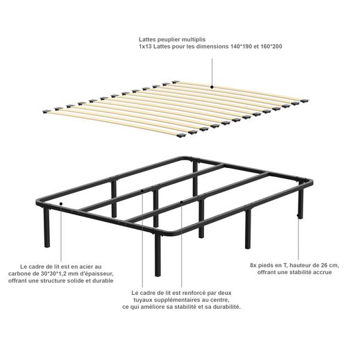 Cadre De Lit 140 X 190 Cm, Hauteur 29cm, Équipé De 8 Pieds.