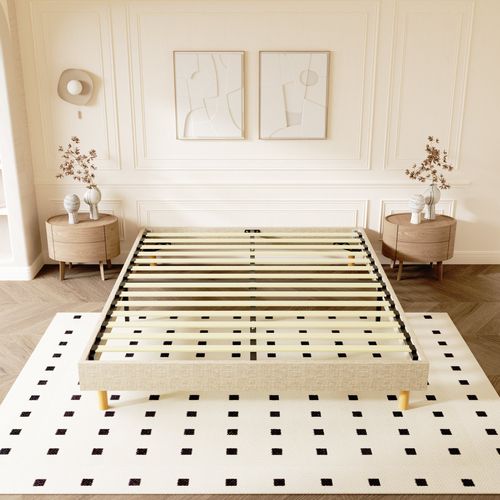 Sommier déco 140x190cm, 14 Lattes, 9 Pieds Hauteur Du Cadre 29 Cm - Beige
