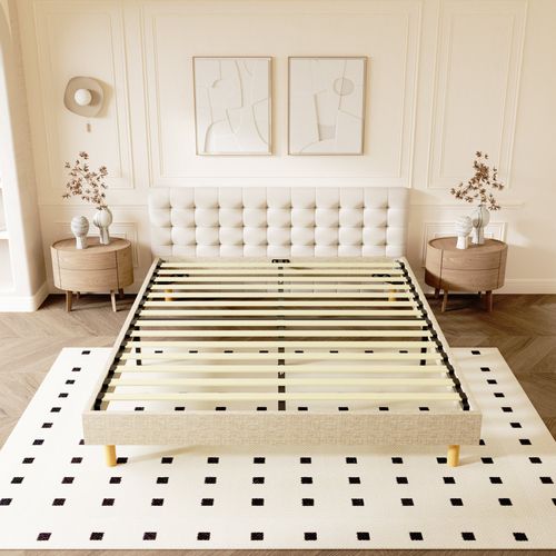 Sommier déco 140x190cm, 14 Lattes, 9 Pieds Hauteur Du Cadre 29 Cm - Beige