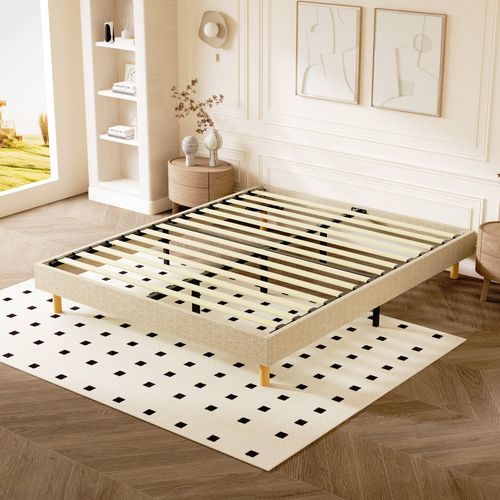 Sommier déco 140x190cm, 14 Lattes, 9 Pieds Hauteur Du Cadre 29 Cm - Beige