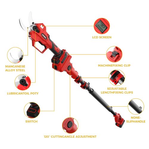 Sécateur Sans Fil Avec Perche Télescopique De 2 Mètres, Diamètre 15-40mm, 2 * Batteries 2.0ah