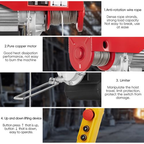 Palan Électrique 1800w 20 Mètres, Suspension Simple Et Double 500kg/1000kg, 6 /12 M/min