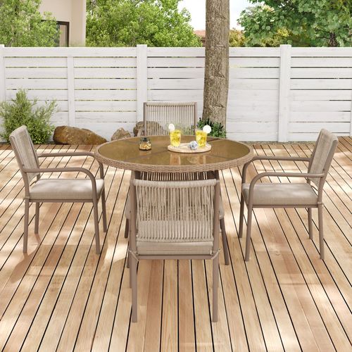 Salon De Jardin 5 Pièces 1 Table En Verre 4 Chaises Tressées Cadre En Fer Ensemble Table Et Chaises