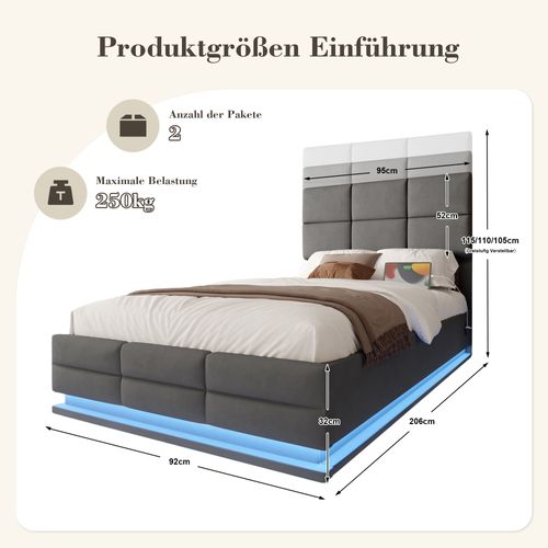 Lit Coffre 1 Places 90x200cm Relevable Hydraulique Velours USB-led Tête Lit Réglable Hauteur Gris