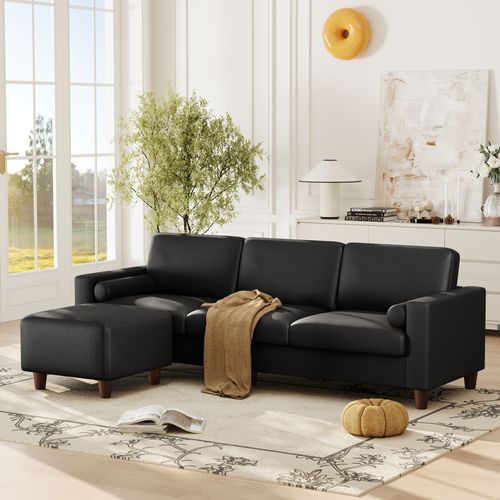 Canapé 3 Places En Simili Luxueux Avec Pouf Mobile,cadre En Bois,imperméable,234x155x88cm,noir
