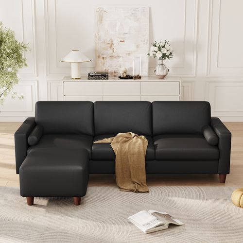 Canapé 3 Places En Simili Luxueux Avec Pouf Mobile,cadre En Bois,imperméable,234x155x88cm,noir
