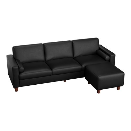 Canapé 3 Places En Simili Luxueux Avec Pouf Mobile,cadre En Bois,imperméable,234x155x88cm,noir