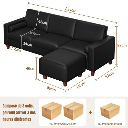Canapé 3 Places En Simili Luxueux Avec Pouf Mobile,cadre En Bois,imperméable,234x155x88cm,noir