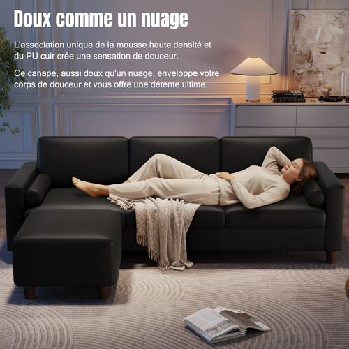 Canapé 3 Places En Simili Luxueux Avec Pouf Mobile,cadre En Bois,imperméable,234x155x88cm,noir