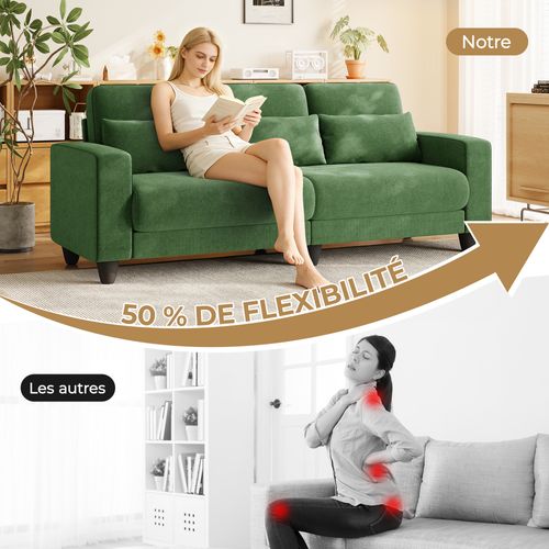 Canapé 3 Places Tissu Chenille Vert,appui-lombaire Intégré,220x81x88cm