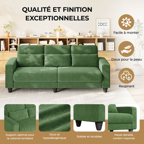 Canapé 3 Places Tissu Chenille Vert,appui-lombaire Intégré,220x81x88cm