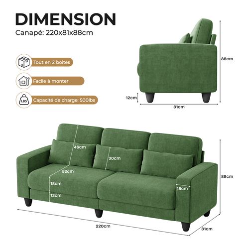 Canapé 3 Places Tissu Chenille Vert,appui-lombaire Intégré,220x81x88cm