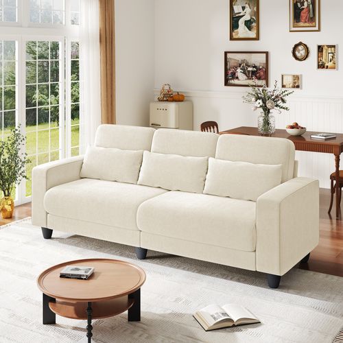 Canapé 3 Places Tissu Chenille Beige,appui-lombaire Intégré,220x81x88cm