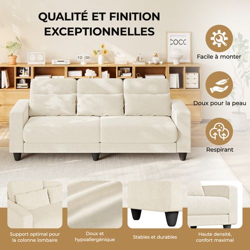 Canapé 3 Places Tissu Chenille Beige,appui-lombaire Intégré,220x81x88cm