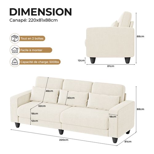 Canapé 3 Places Tissu Chenille Beige,appui-lombaire Intégré,220x81x88cm