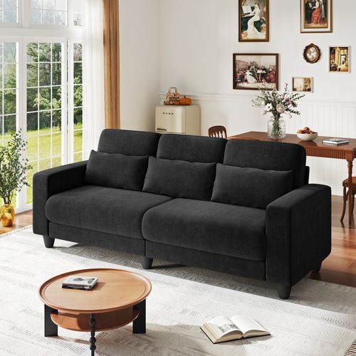 Canapé 3 Places Tissu Chenille Noir,appui-lombaire Intégré,220x81x88cm