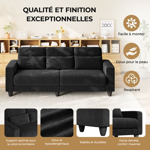 Canapé 3 Places Tissu Chenille Noir,appui-lombaire Intégré,220x81x88cm