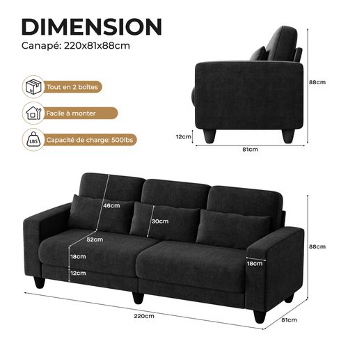 Canapé 3 Places Tissu Chenille Noir,appui-lombaire Intégré,220x81x88cm