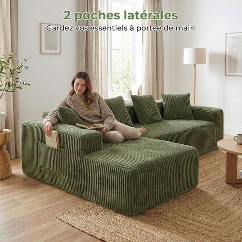 Canapé D'angle Modulaire Compressé 3 Places Velours Côtelé,chaise Longue Gauche,vert