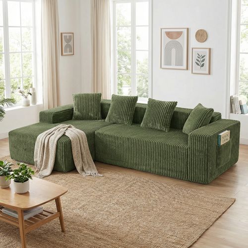Canapé D'angle Modulaire Compressé 3 Places Velours Côtelé,chaise Longue Gauche,vert