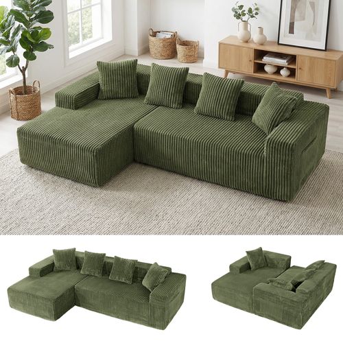 Canapé D'angle Modulaire Compressé 3 Places Velours Côtelé,chaise Longue Gauche,vert
