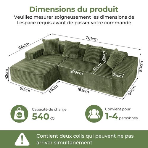 Canapé D'angle Modulaire Compressé 3 Places Velours Côtelé,chaise Longue Gauche,vert