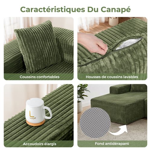 Canapé D'angle Modulaire Compressé 3 Places Velours Côtelé,chaise Longue Gauche,vert