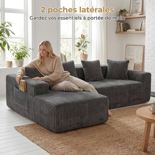 Canapé D'angle Modulaire Compressé 3 Places Velours Côtelé,chaise Longue Gauche,gris