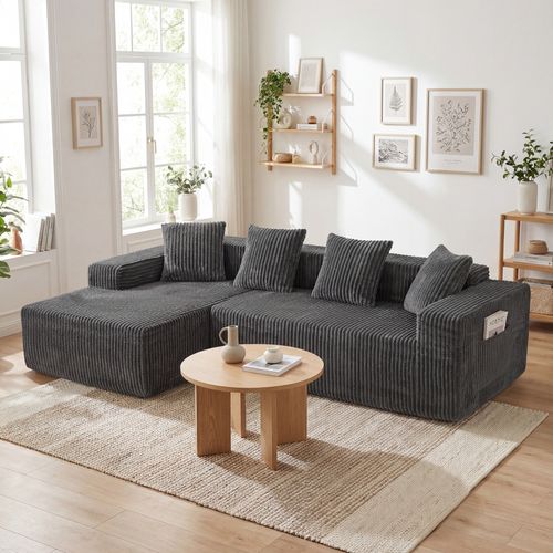Canapé D'angle Modulaire Compressé 3 Places Velours Côtelé,chaise Longue Gauche,gris