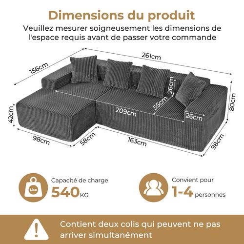 Canapé D'angle Modulaire Compressé 3 Places Velours Côtelé,chaise Longue Gauche,gris