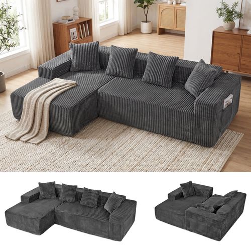 Canapé D'angle Modulaire Compressé 3 Places Velours Côtelé,chaise Longue Gauche,gris