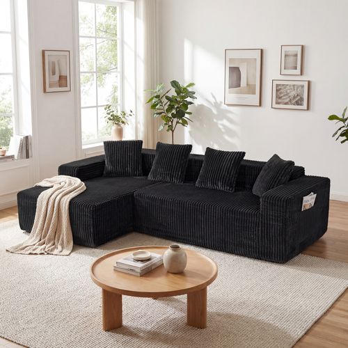 Canapé D'angle Modulaire Compressé 3 Places Velours Côtelé,chaise Longue Gauche,noir
