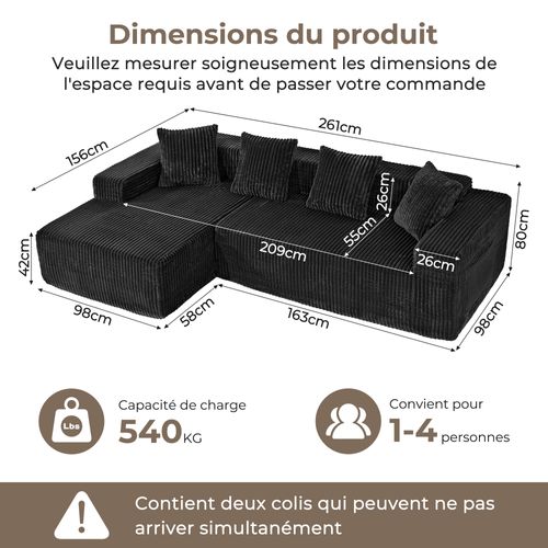 Canapé D'angle Modulaire Compressé 3 Places Velours Côtelé,chaise Longue Gauche,noir