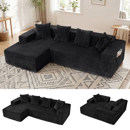 Canapé D'angle Modulaire Compressé 3 Places Velours Côtelé,chaise Longue Gauche,noir